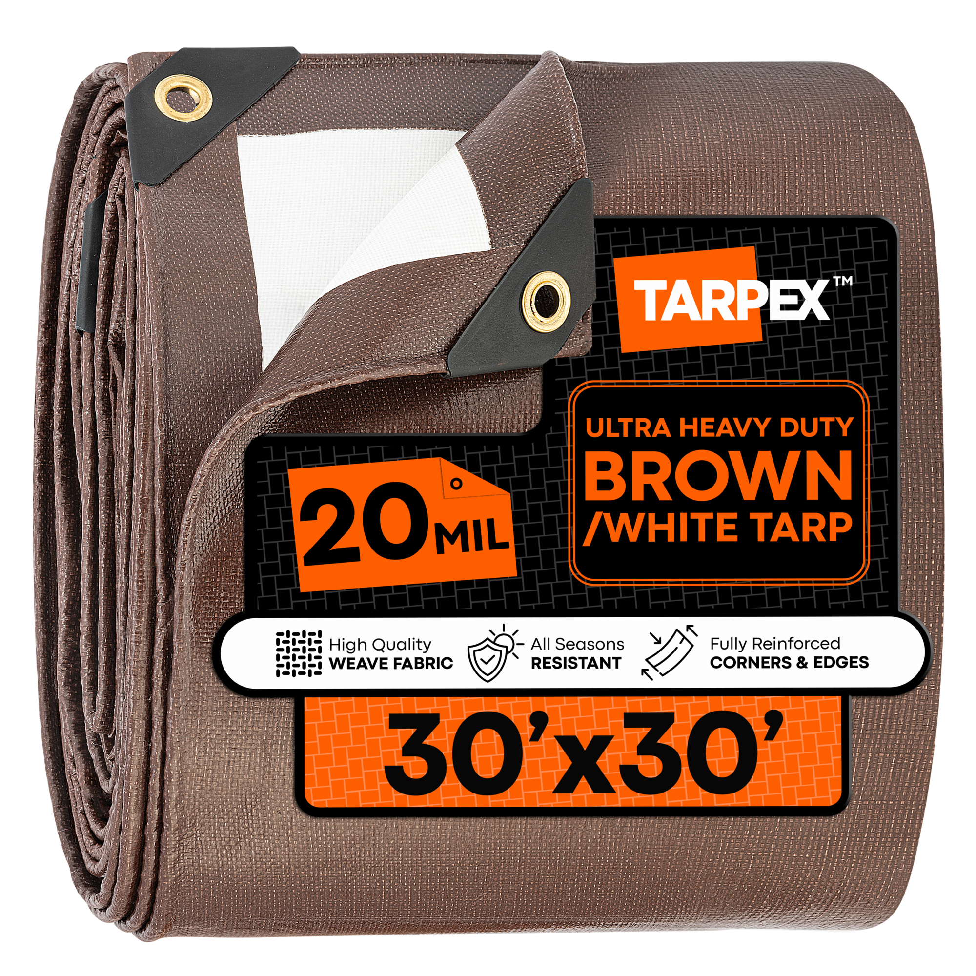 TARPEX 30' x 30' Brown/White Ultra Heavy-Duty 20 Mil Tarp – Waterproof, UV-Treated, Reinforced Edges, Aluminum Grommets